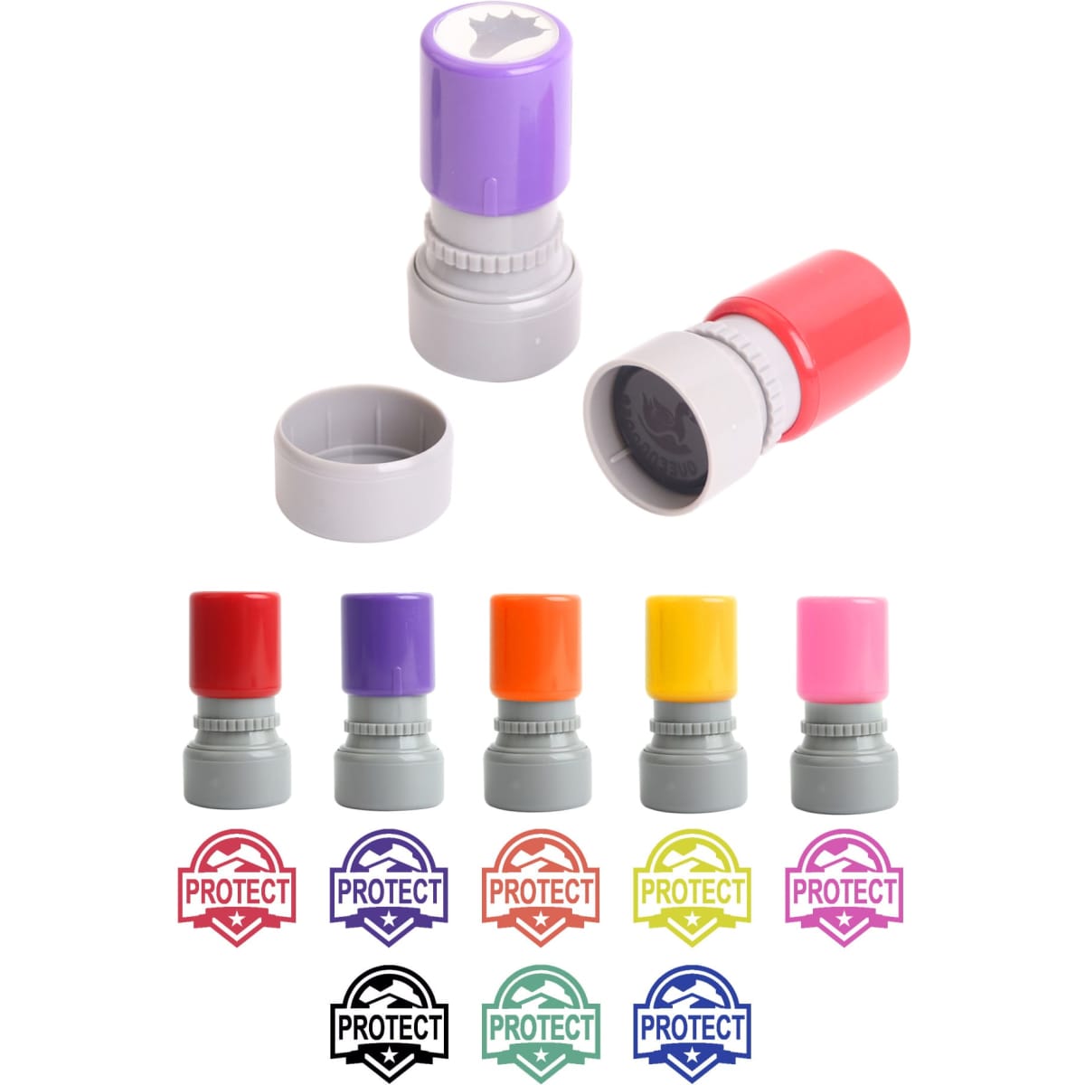 A coloured round stamp in purple, red, yellow, orange, pink, and grey, featuring a logo and various stamp ink colours.