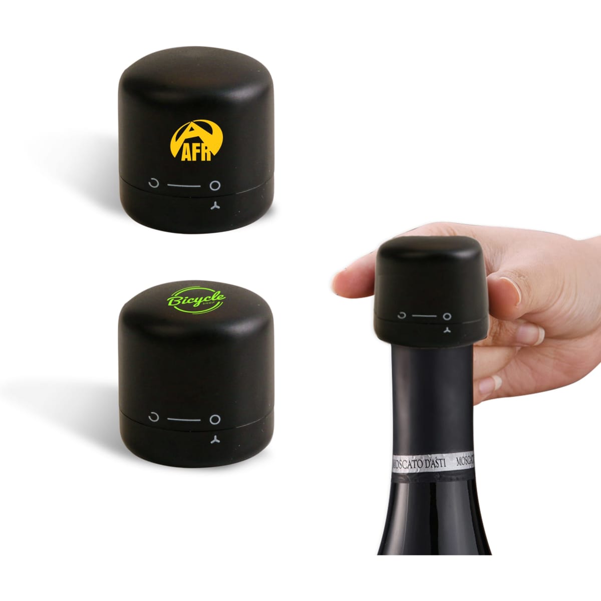 A drink bottle stopper set in black, featuring two designs, one with a logo and one plain, being placed on a bottle.