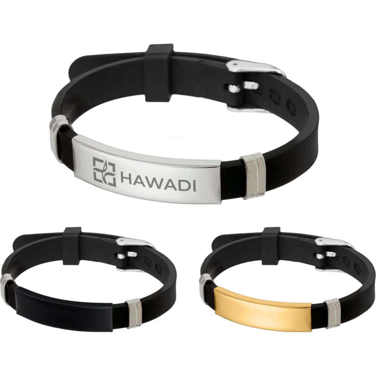 A Metal Silica Bracelet featuring a black strap with silver and gold accents, and a branded logo plate.