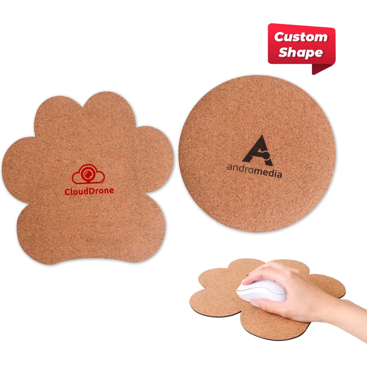 Custom-shaped cork mouse mat in light brown, featuring two designs: a round shape and a paw print shape, with logos.
