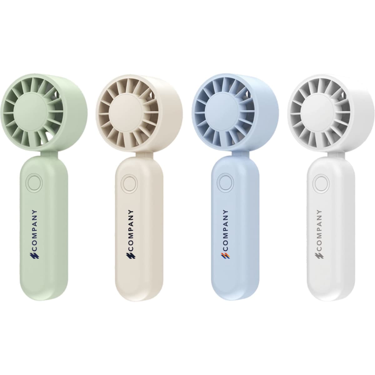 A foldable handheld fan in green, beige, blue, and white, featuring a logo on the handle.