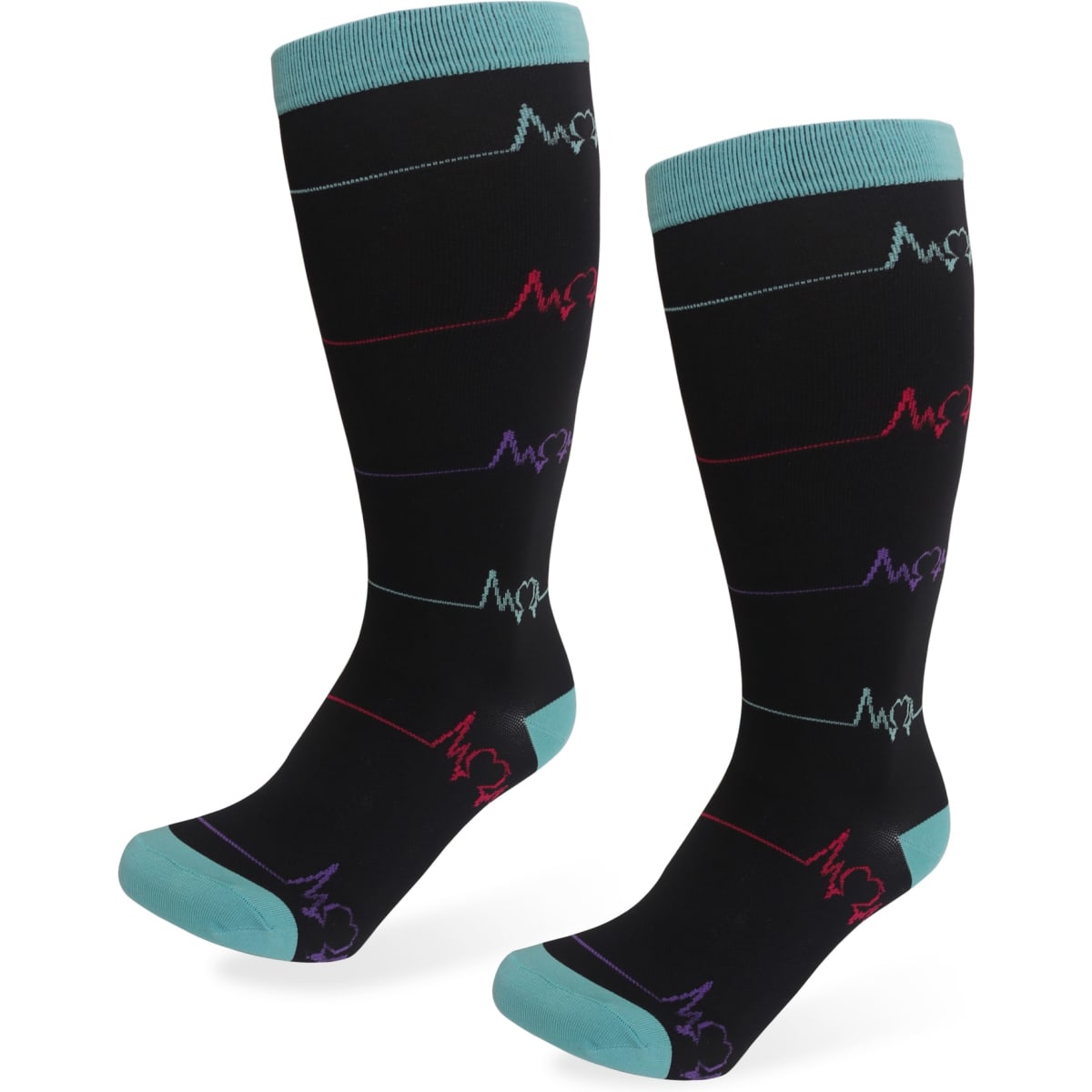 Plus size compression socks featuring a black design with colourful heartbeat patterns and teal cuffs.