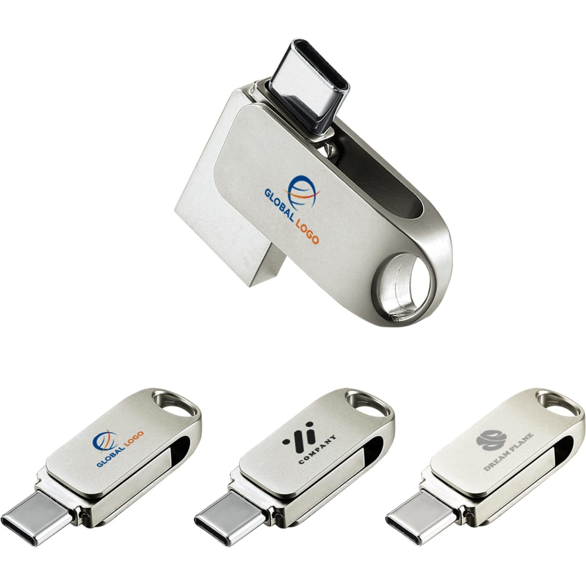 A silver Type-C flash drive with a swivel design and various logos displayed on the surface.