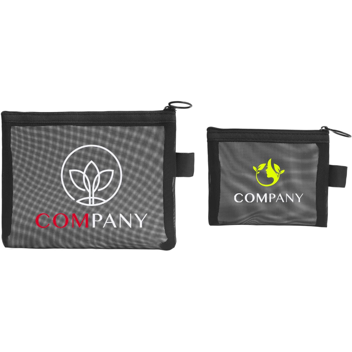 A nylon mesh flat cosmetic bag in grey with a black zipper and two sizes, featuring logos on the front.
