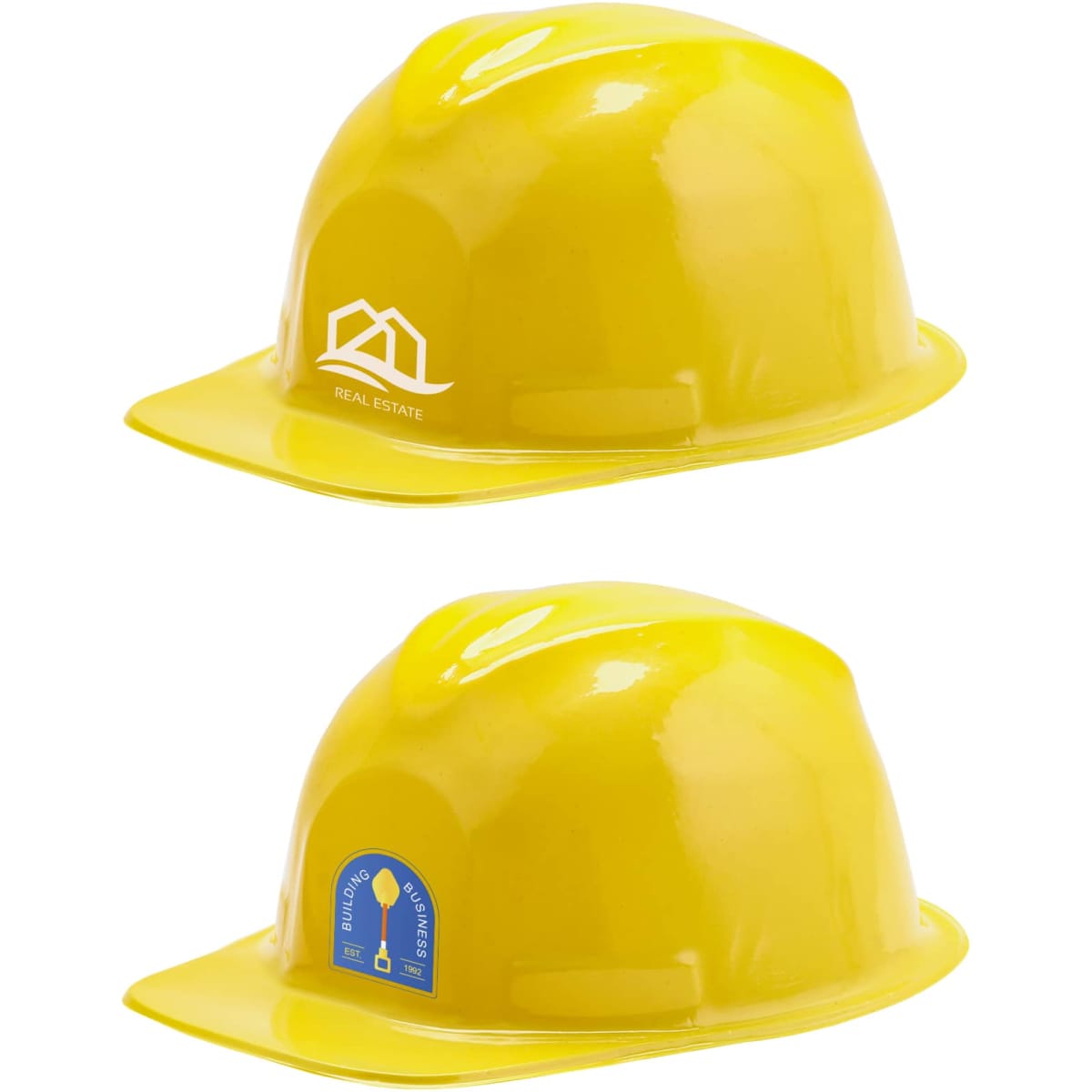 A yellow Mini PVC construction hat with a logo on one side and a badge on the other.