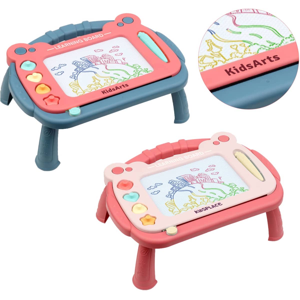 A magnetic drawing board with a stand featuring blue and pink colours, a logo, and various buttons for drawing.