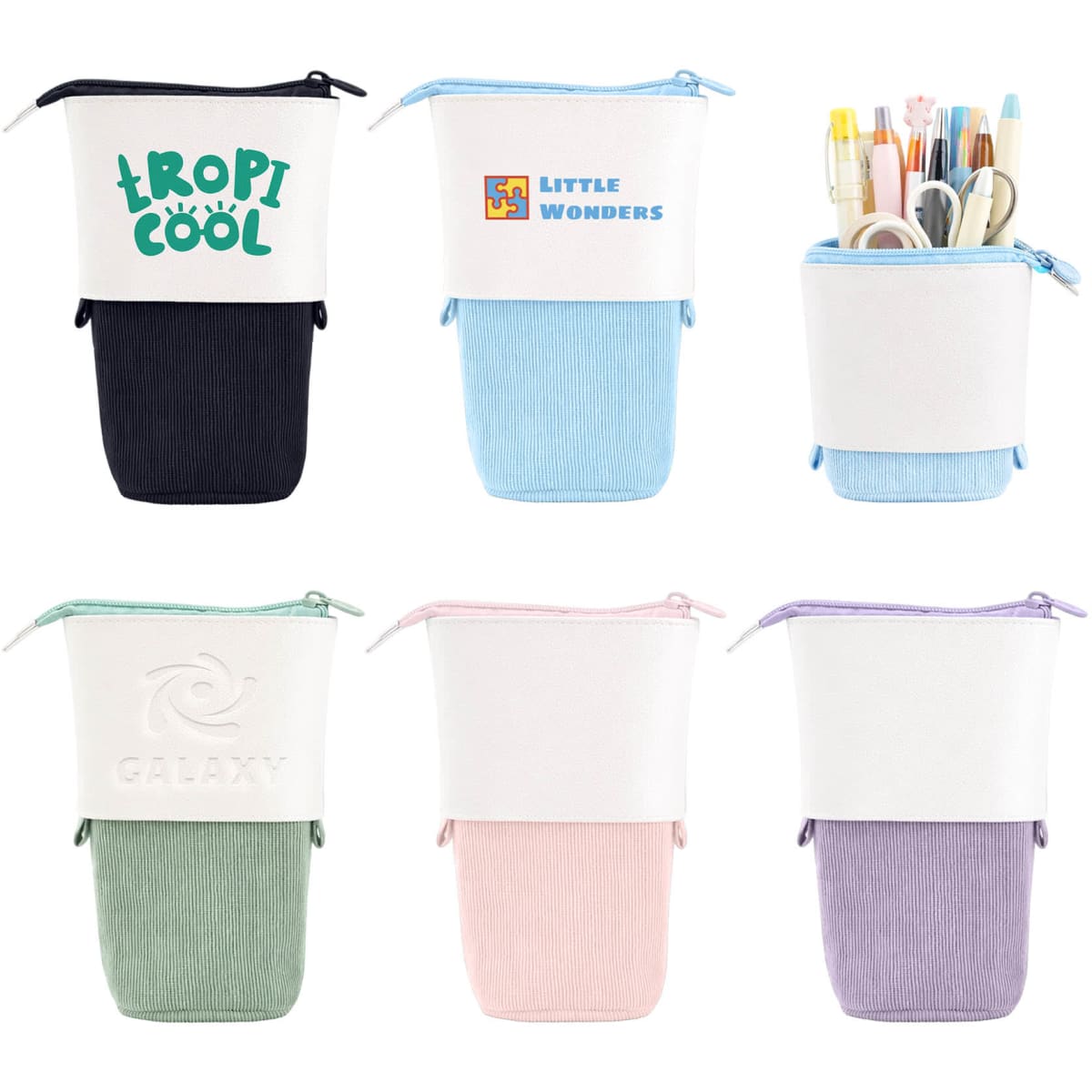 An assortment of expandable pencil cases in various colours, each filled with pens and stationery items, featuring logos.