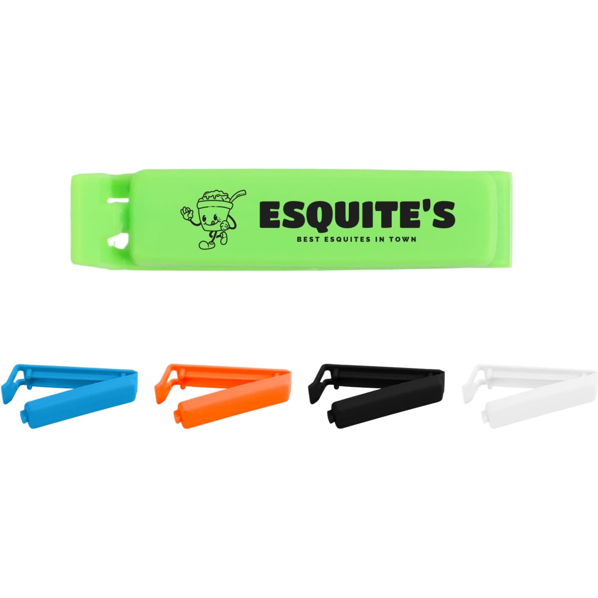 A green food bag seal clip is surrounded by black, white, orange, and blue clips, featuring a logo.