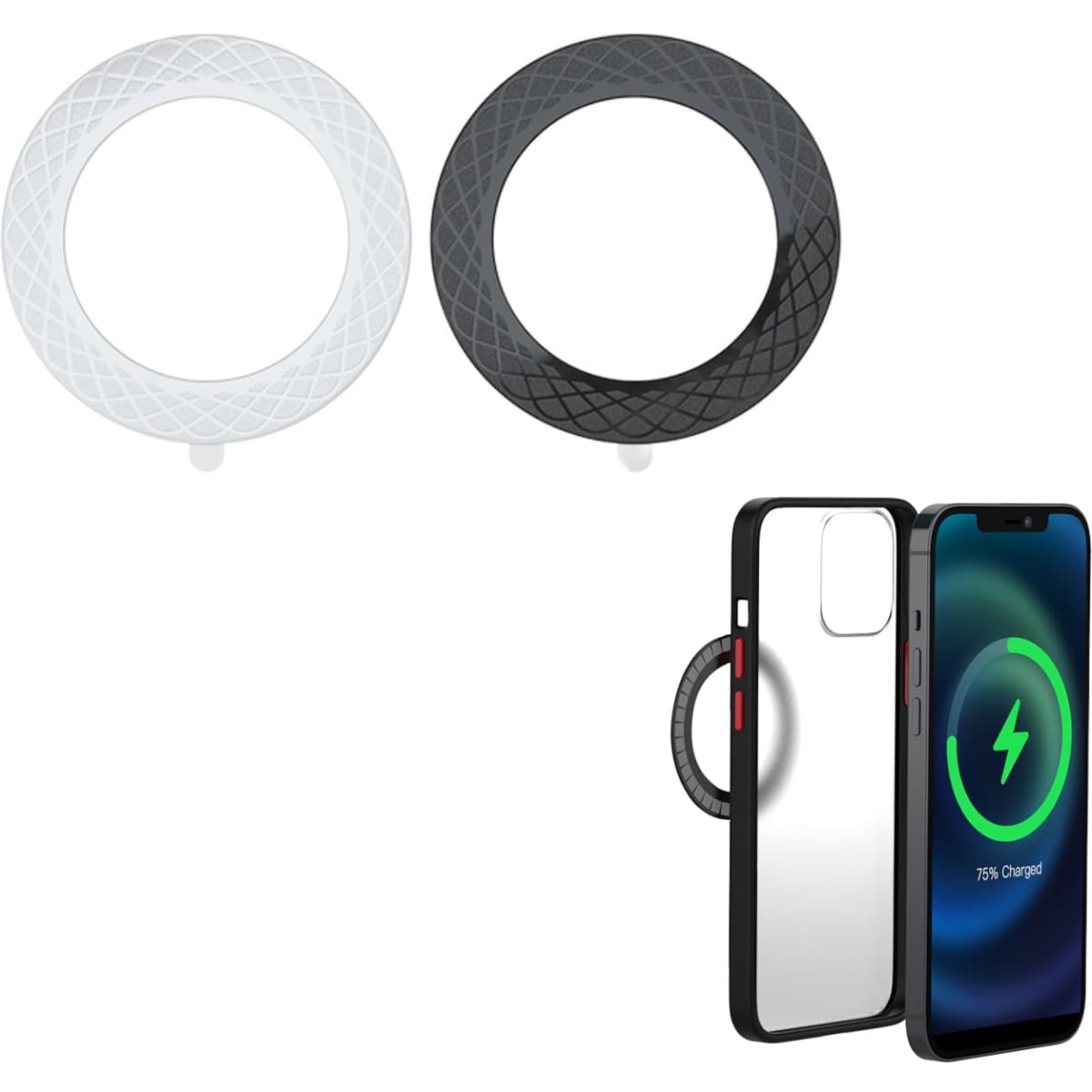 Two magnetic rings, one in clear and one in black, displayed with a phone case featuring a wireless charging indicator.