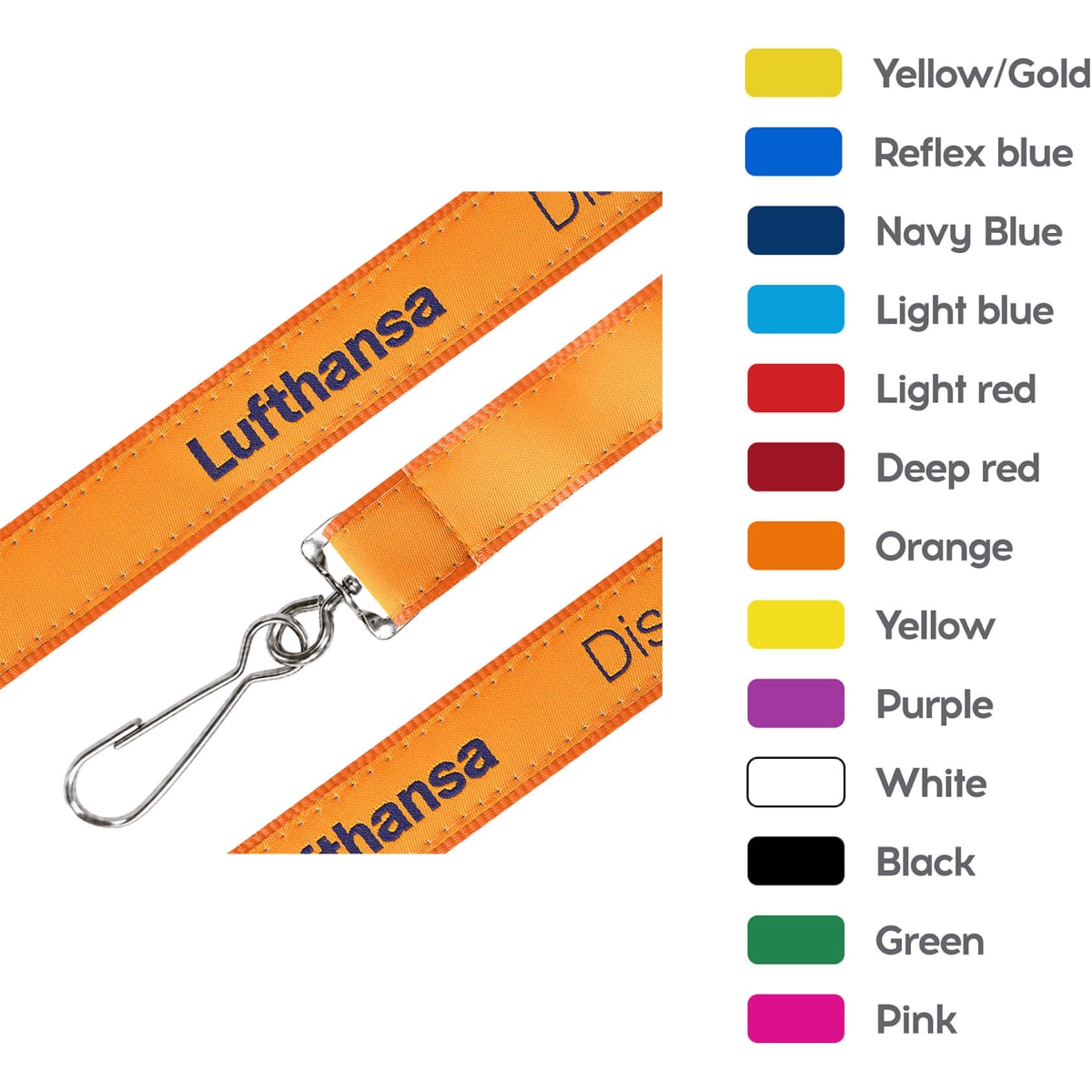 An orange woven lanyard featuring a clip, with various colour options listed beside it.
