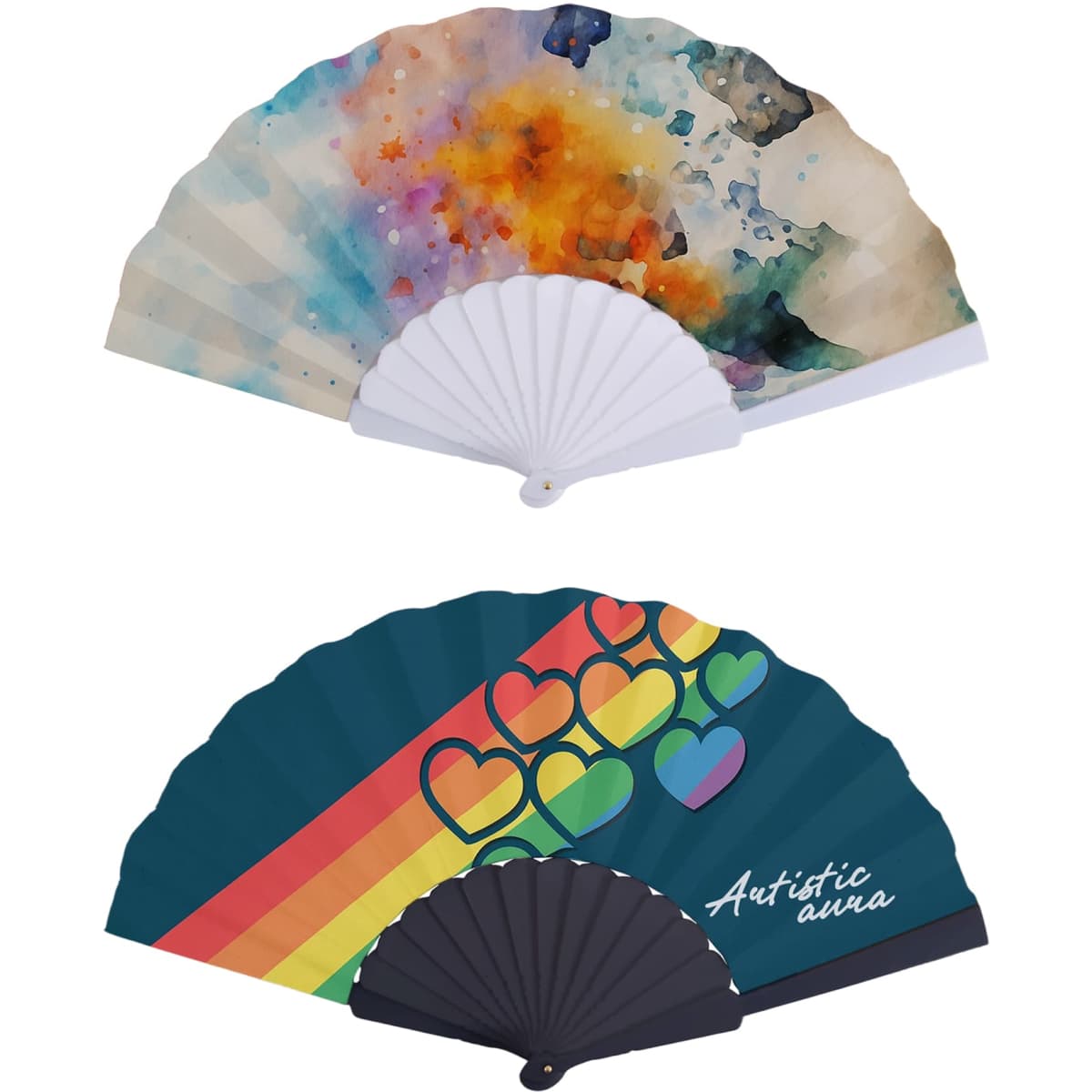 A paper hand-held fan featuring a colourful, artistic design with abstract patterns and heart motifs in vibrant colours.