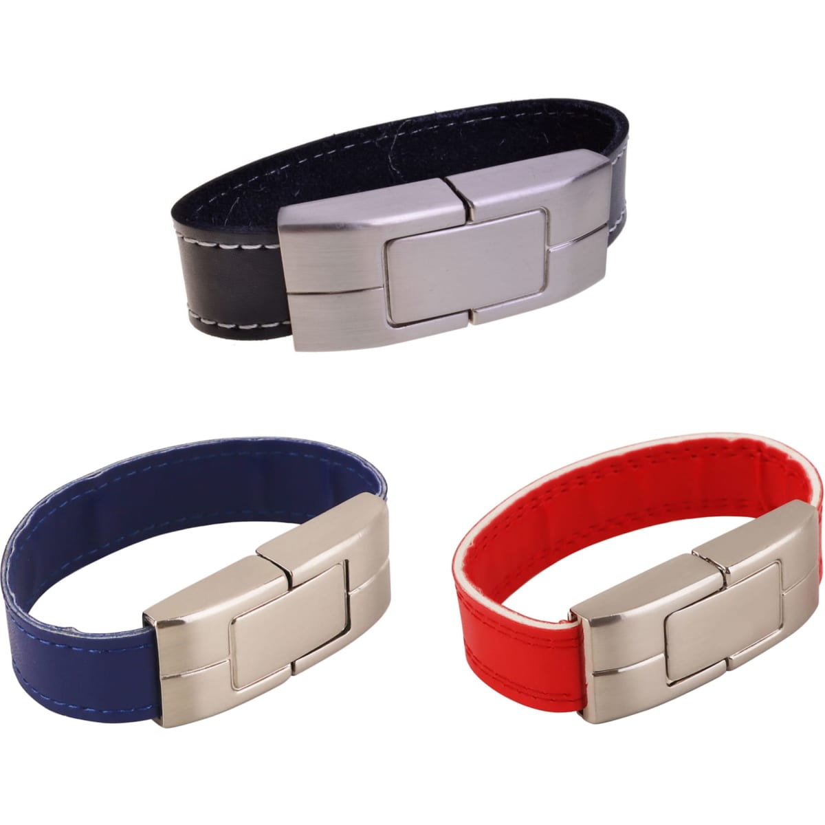 A selection of leather bracelet flash drives in black, navy blue, and red, featuring metallic clasps.