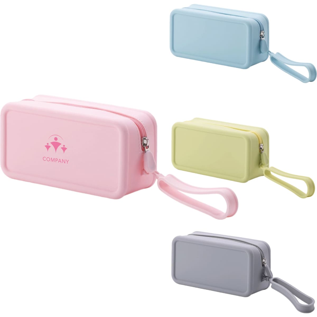 A silicone square cosmetic bag in pink, blue, green, and grey, featuring a zip closure and a wrist strap.