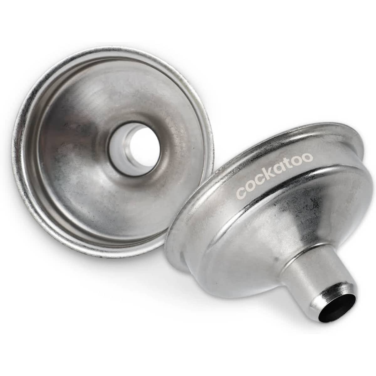 A stainless steel mini funnel with a shiny surface, featuring a small opening and a logo.