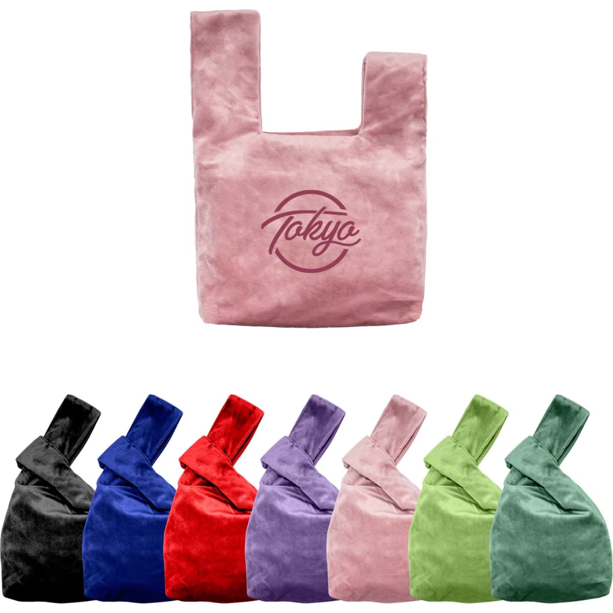 A pink velvet knot wrist bag with a logo, accompanied by bags in black, blue, red, purple, and green.