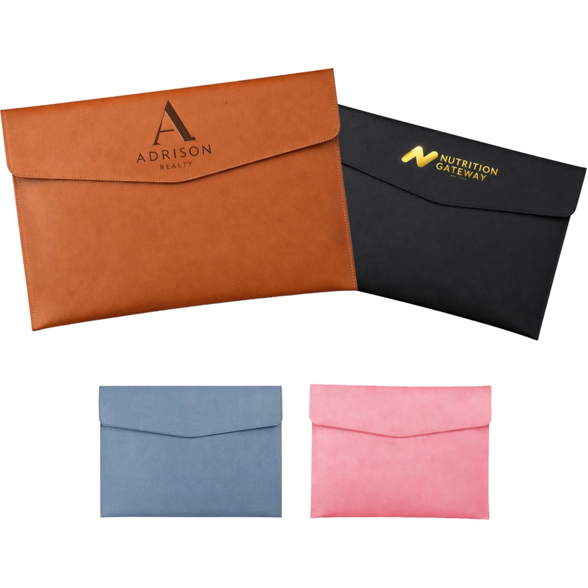 APU leather A4 file bag collection in orange, black, blue, and pink, featuring branded logos.
