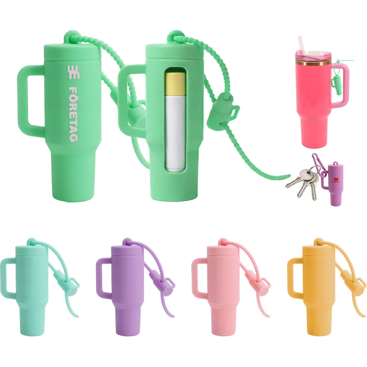 A collection of lip balm holder keychains in mint green, pink, purple, and yellow, each with a keyring attachment.