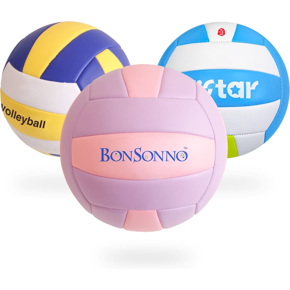 Three volleyballs in various colours, including purple, blue, yellow, and white, featuring different designs and logos.