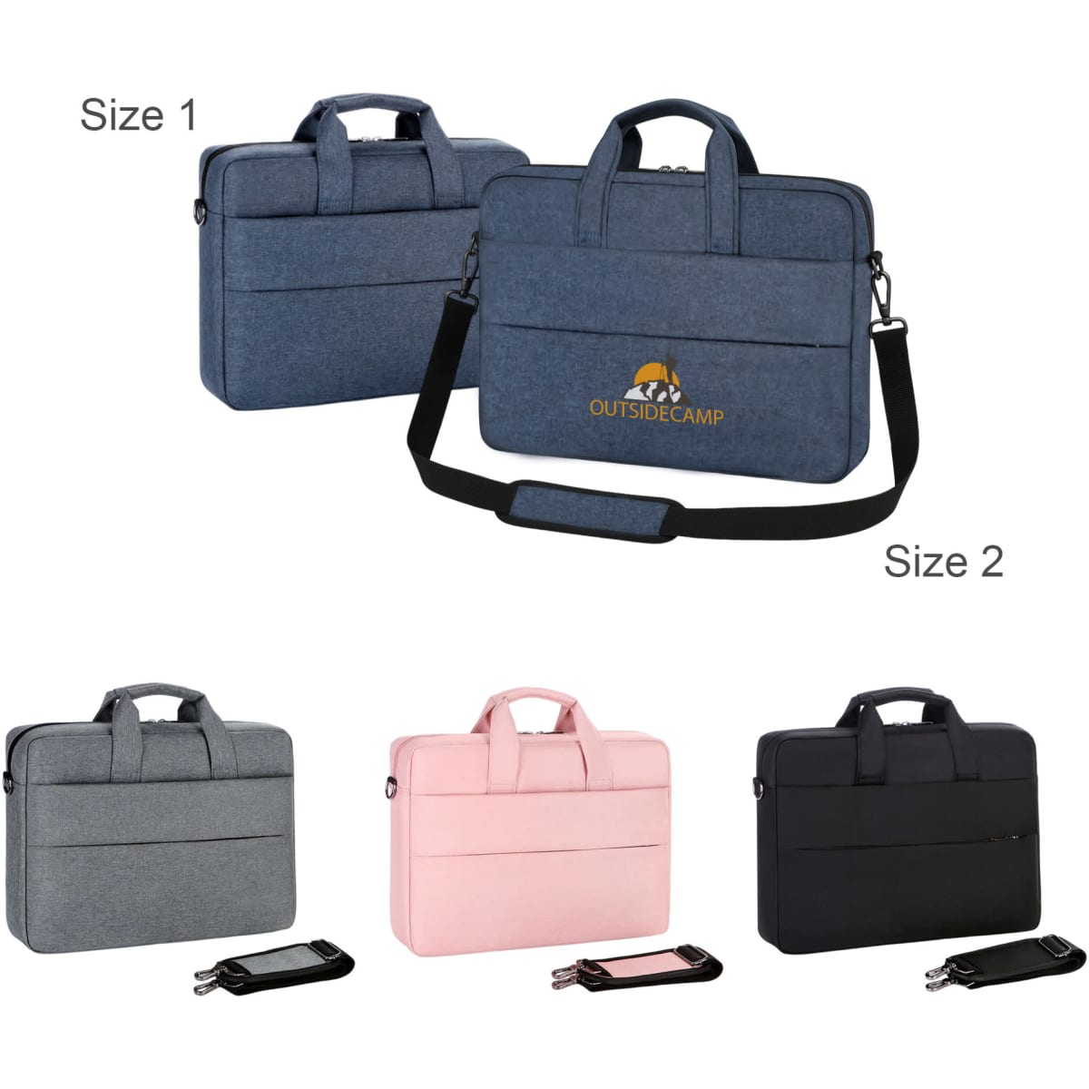A range of laptop bags in grey, pink, navy, and black, featuring handles and detachable straps, with a logo on one.