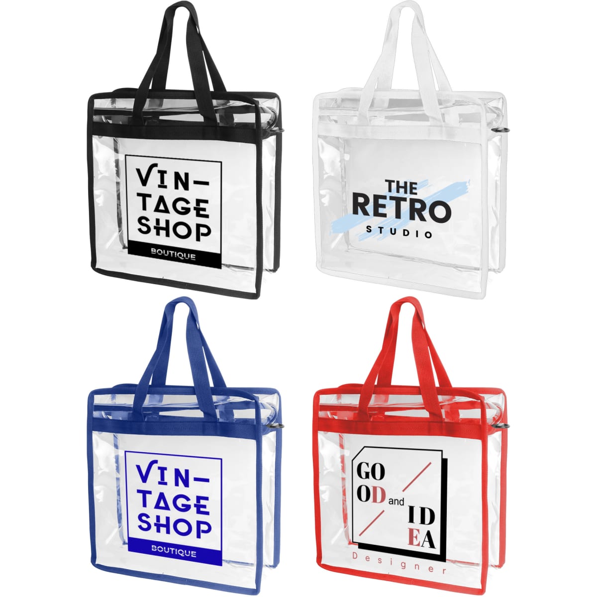 Clear tote bags in black, blue, and red; featuring shoulder straps and various logo designs.