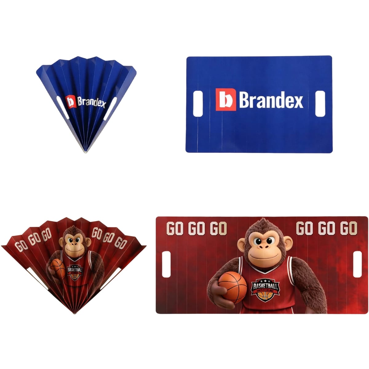 A blue fan banner with handles and a red fan banner featuring a monkey holding a basketball, both with logos.