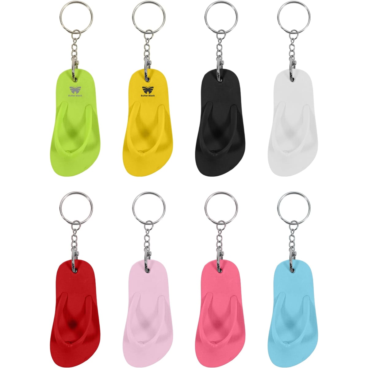A collection of colourful thongs shape keyrings in lime green, yellow, black, white, red, pink, and light blue, with metal keyring attachments.