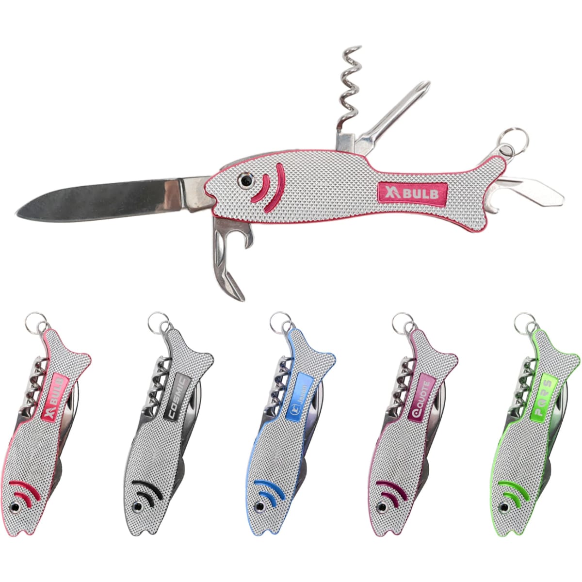 A multitool in the shape of a fish, available in various colours, featuring a knife, corkscrew, and bottle opener.