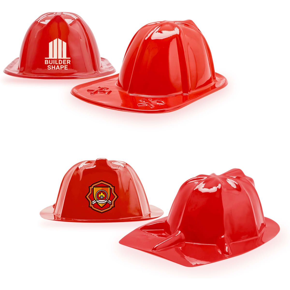 A red PVC fire chief hat with a shiny finish and a logo on one side. Suitable for promotional use.