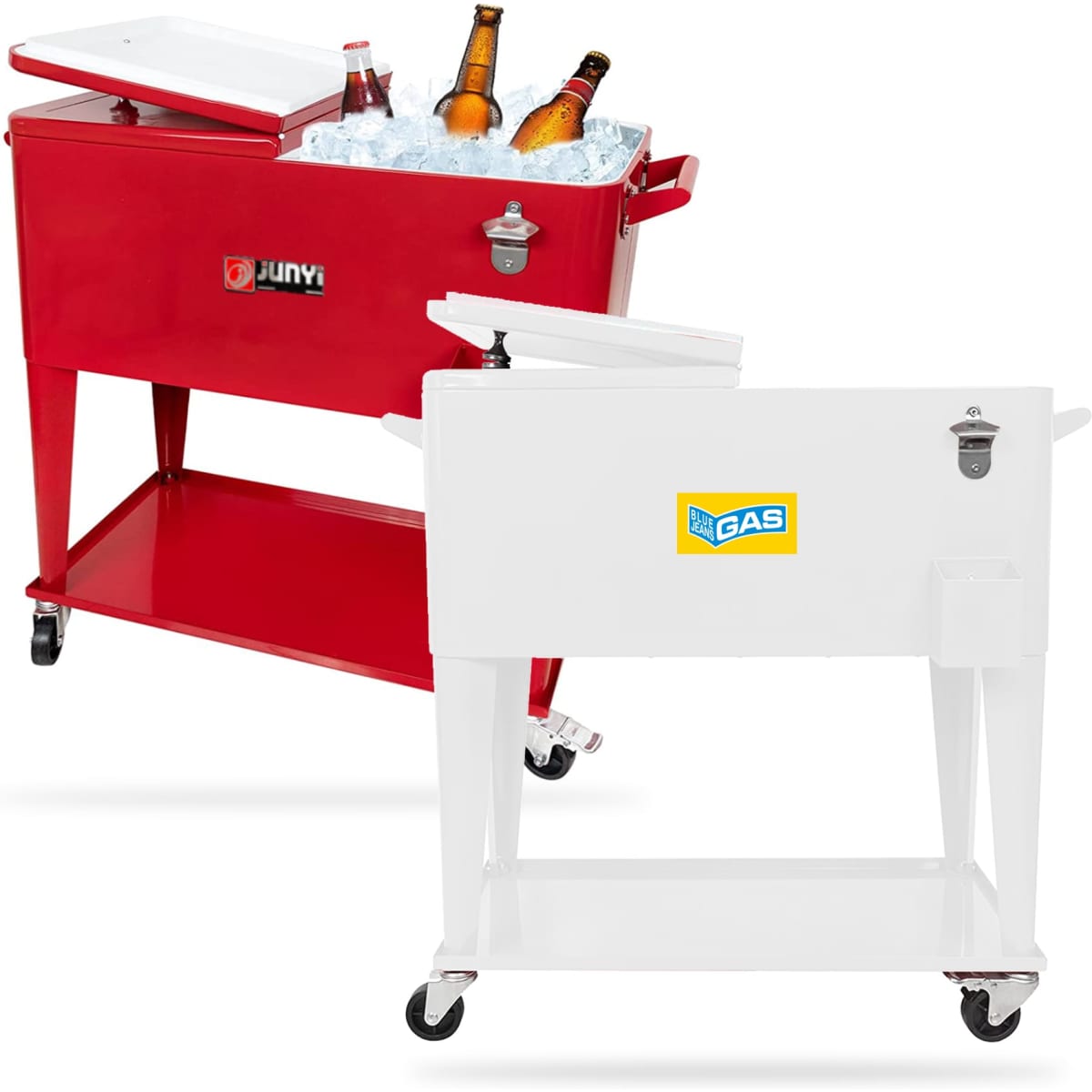 A red and a white cooler box trolley filled with ice and various drink bottles, on wheels with a handle.