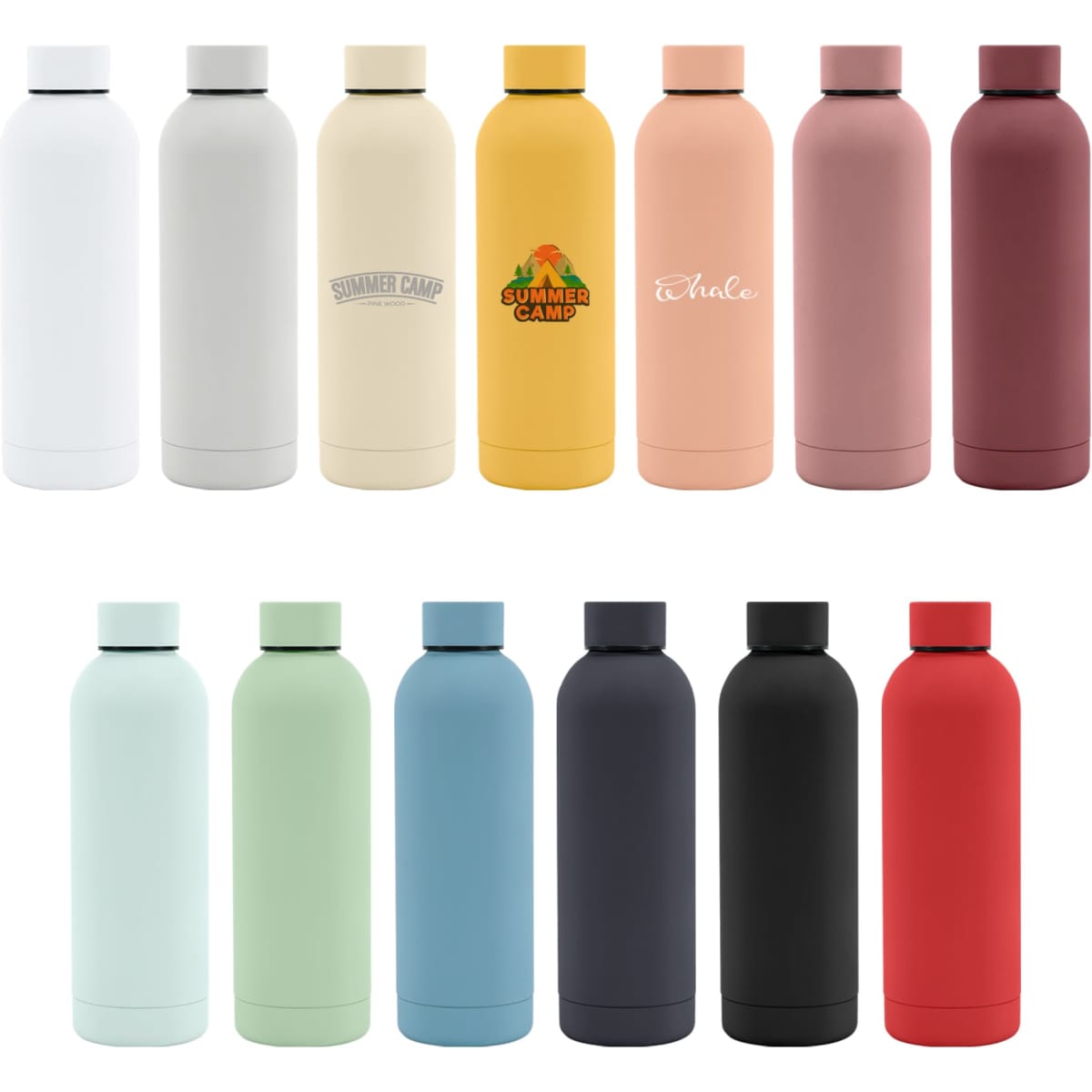 A drink bottle collection in various colours including white, cream, pink, green, blue, black, and red, featuring logos.
