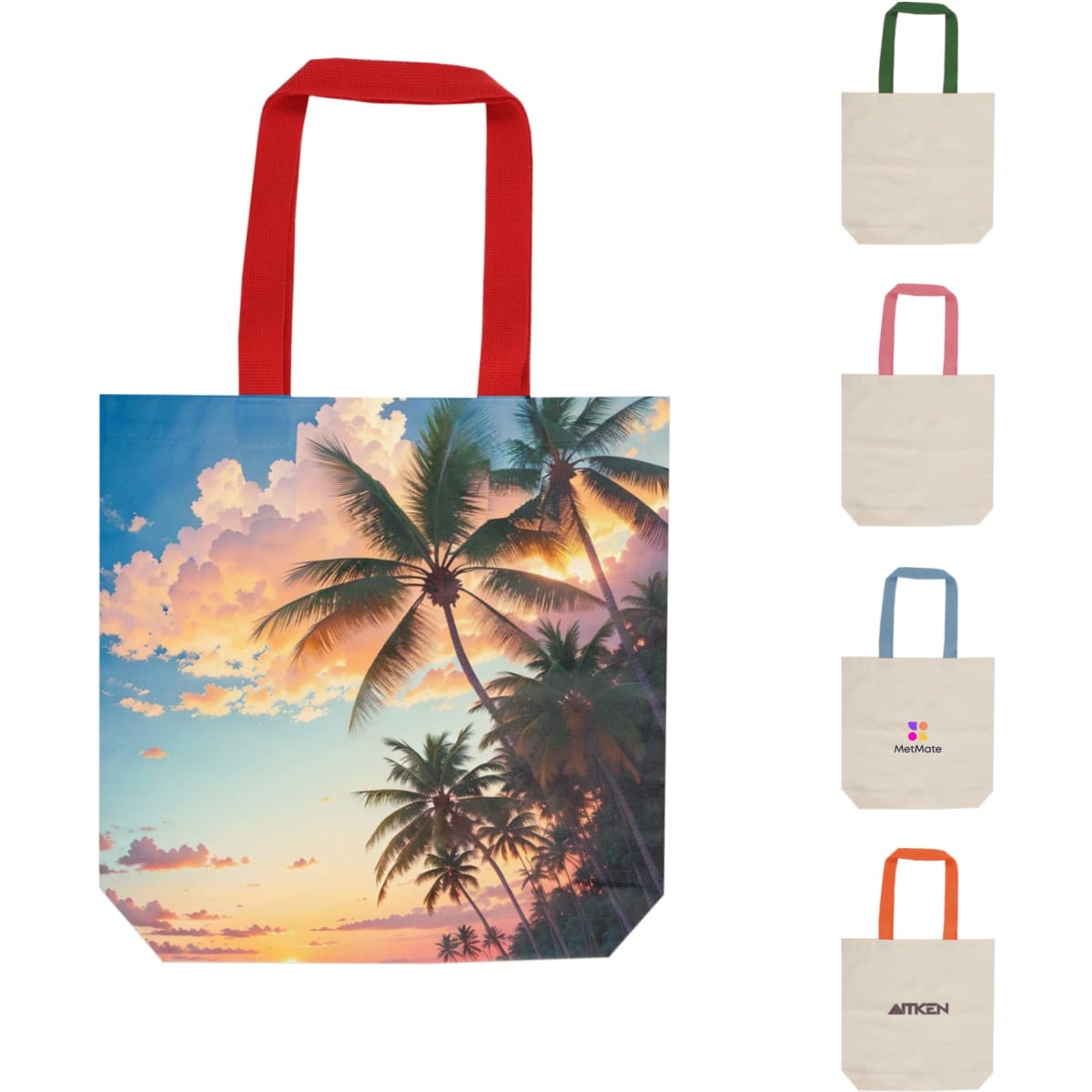 A vibrant canvas tote bag featuring a sunset and palm tree design, with red straps and multiple colour options displayed.