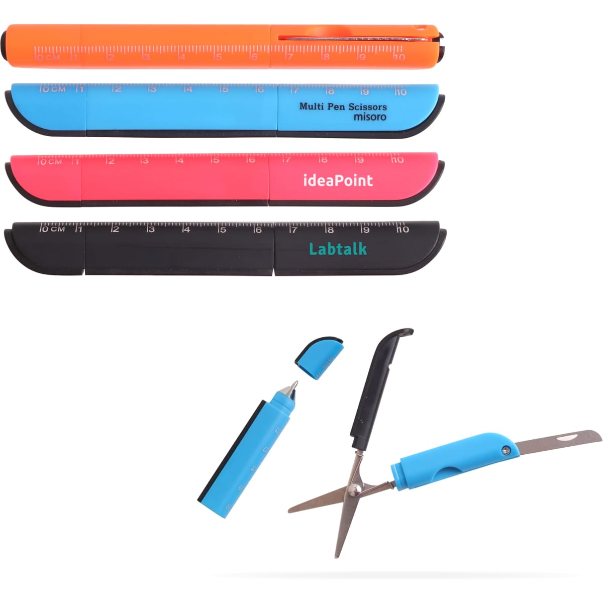 Multifunctional scissors in black and blue, featuring a ruler and a pen; includes multiple interchangeable parts.