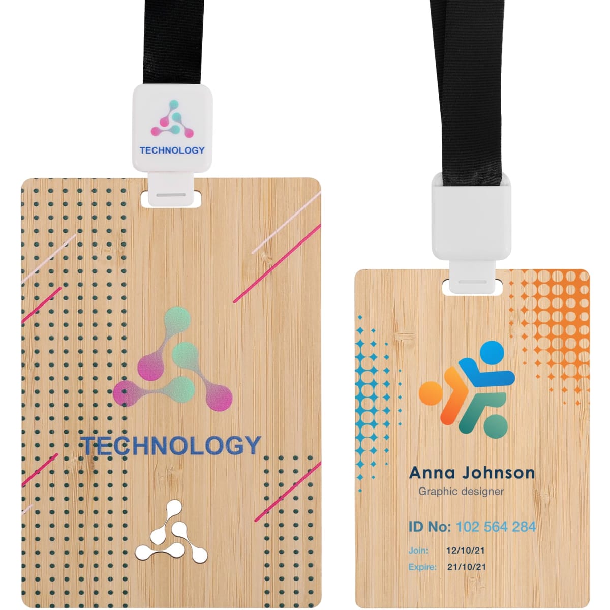 A bamboo name tag featuring a colourful design and a black attachment strap. One side displays a logo and text.