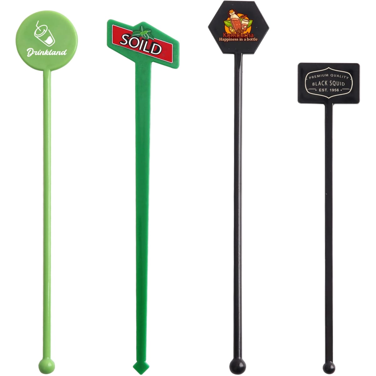 A collection of four drink stirrers in green and black, featuring various designs and a logo on one.