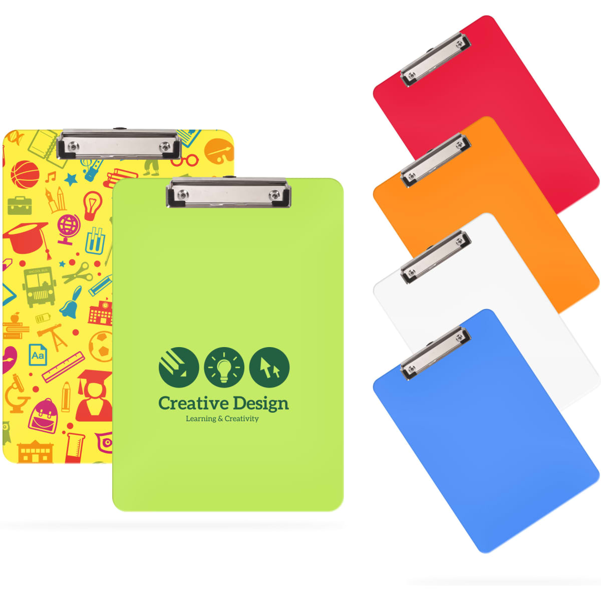 A collection of clipboards in green, blue, red, orange, white, and a patterned clipboard featuring various design elements.