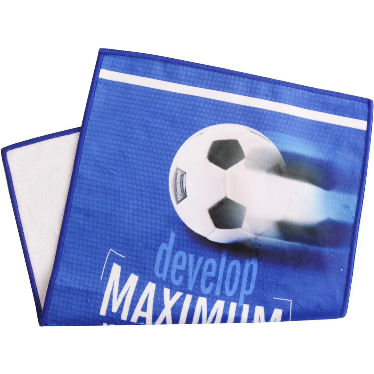 A blue sports towel featuring a soccer ball design and a logo, made for leisure and gym activities.