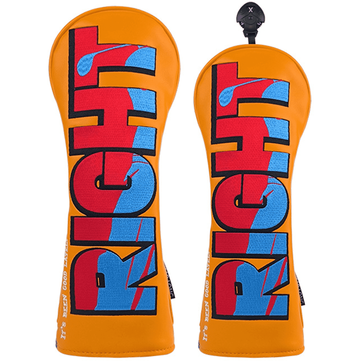 A pair of custom golf head covers in bright orange, featuring bold blue and red graphic designs and a logo.