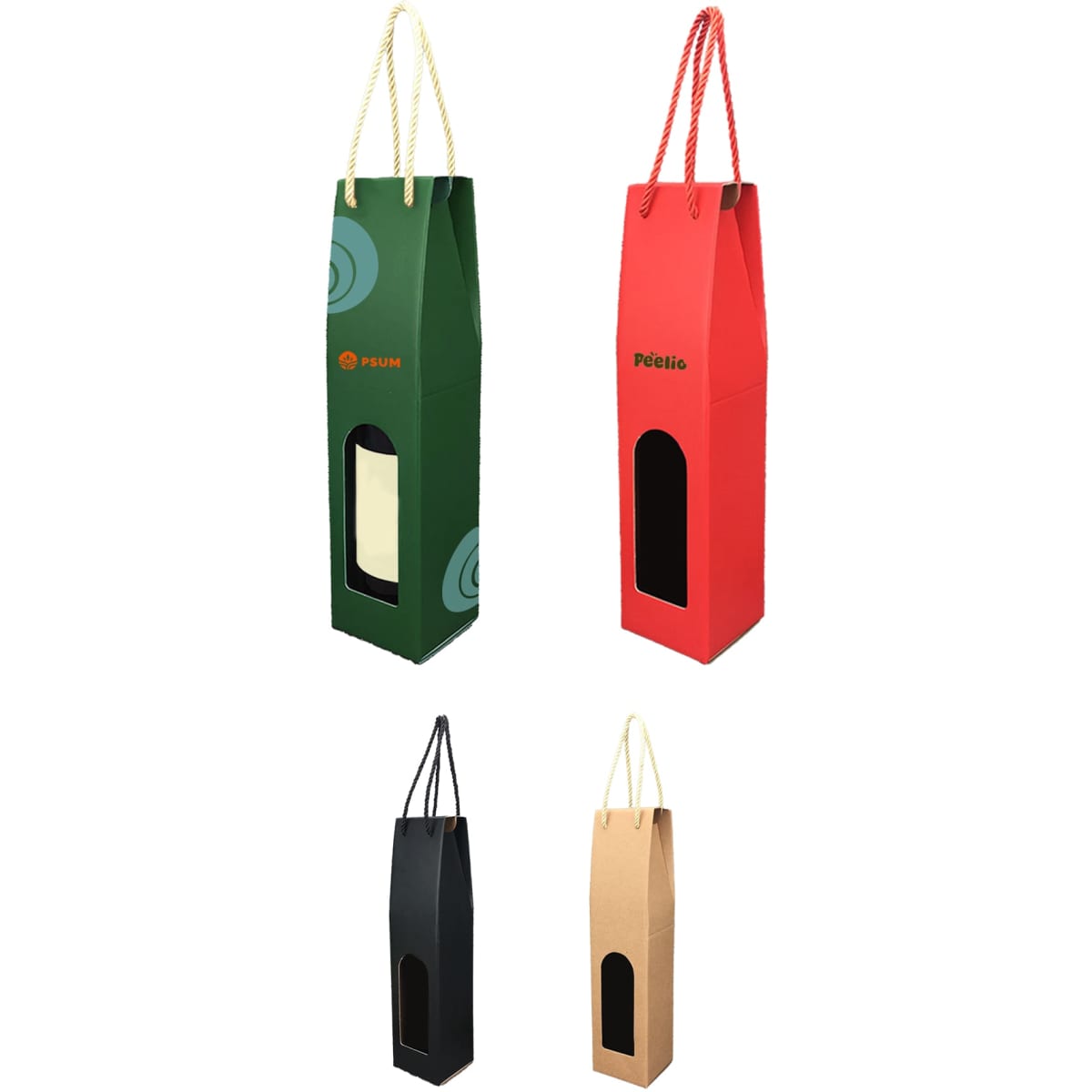 Single bottle wine boxes in green, red, black, and brown, featuring a rope handle and a window for the bottle.