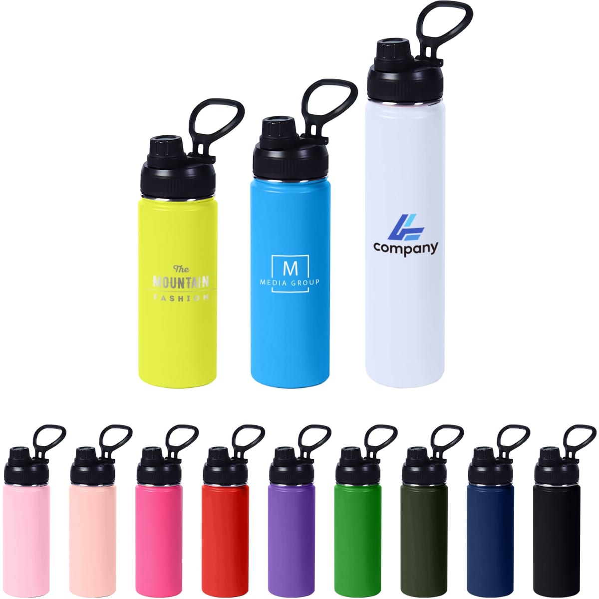 A drink bottle collection featuring stainless steel vacuum bottles in various colours, with black carry handles and logos.