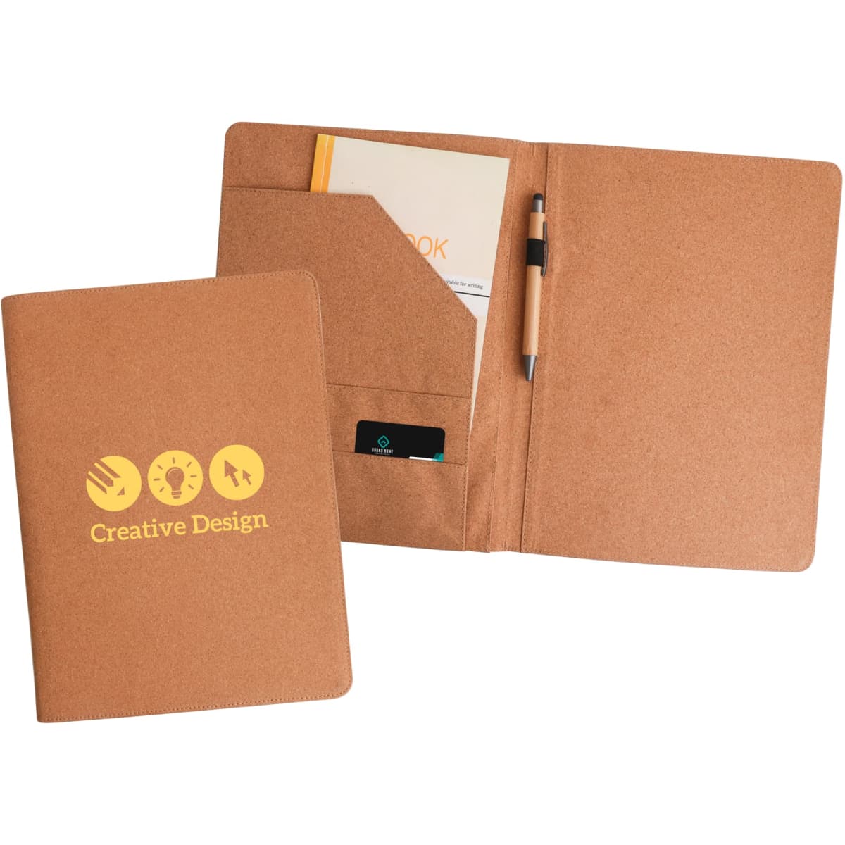 A4 cork folder in a tan colour with an interior pocket and pen holder, featuring a logo on the front.