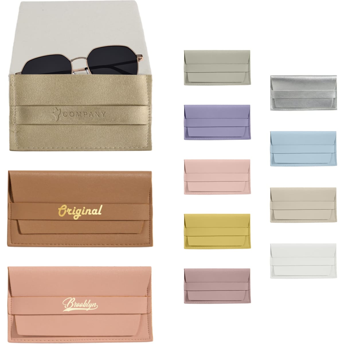 A collection of PU leather glasses pouches in various colours, including gold, pink, lavender, and sky blue, with logos.