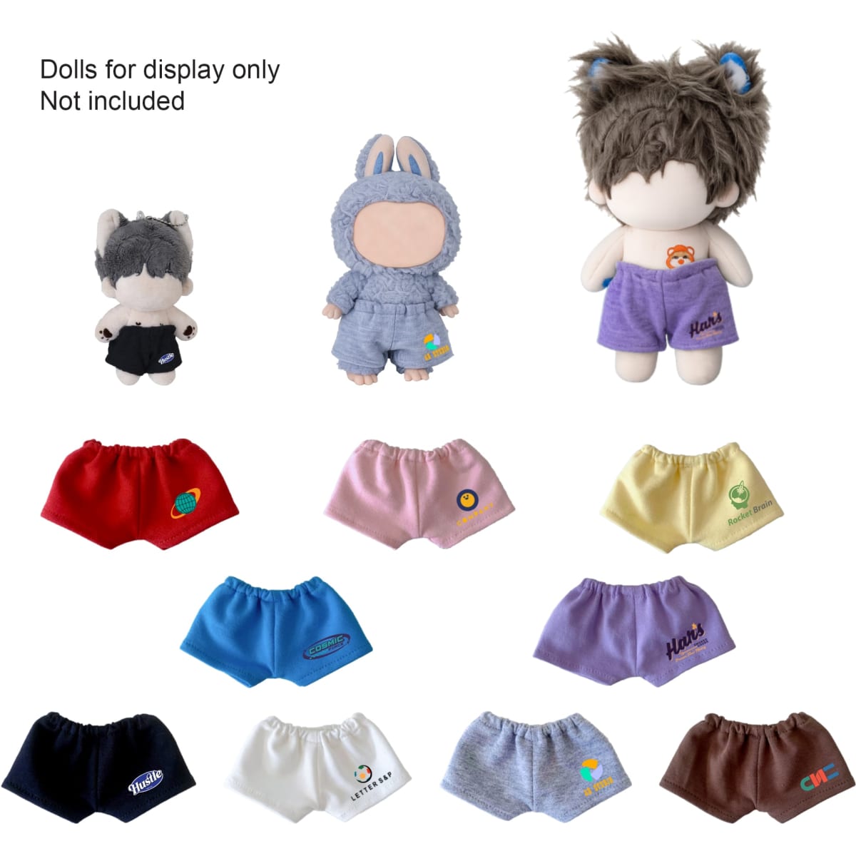A selection of plush doll shorts in various colours, including blue, purple, white, and grey, with a display of dolls.