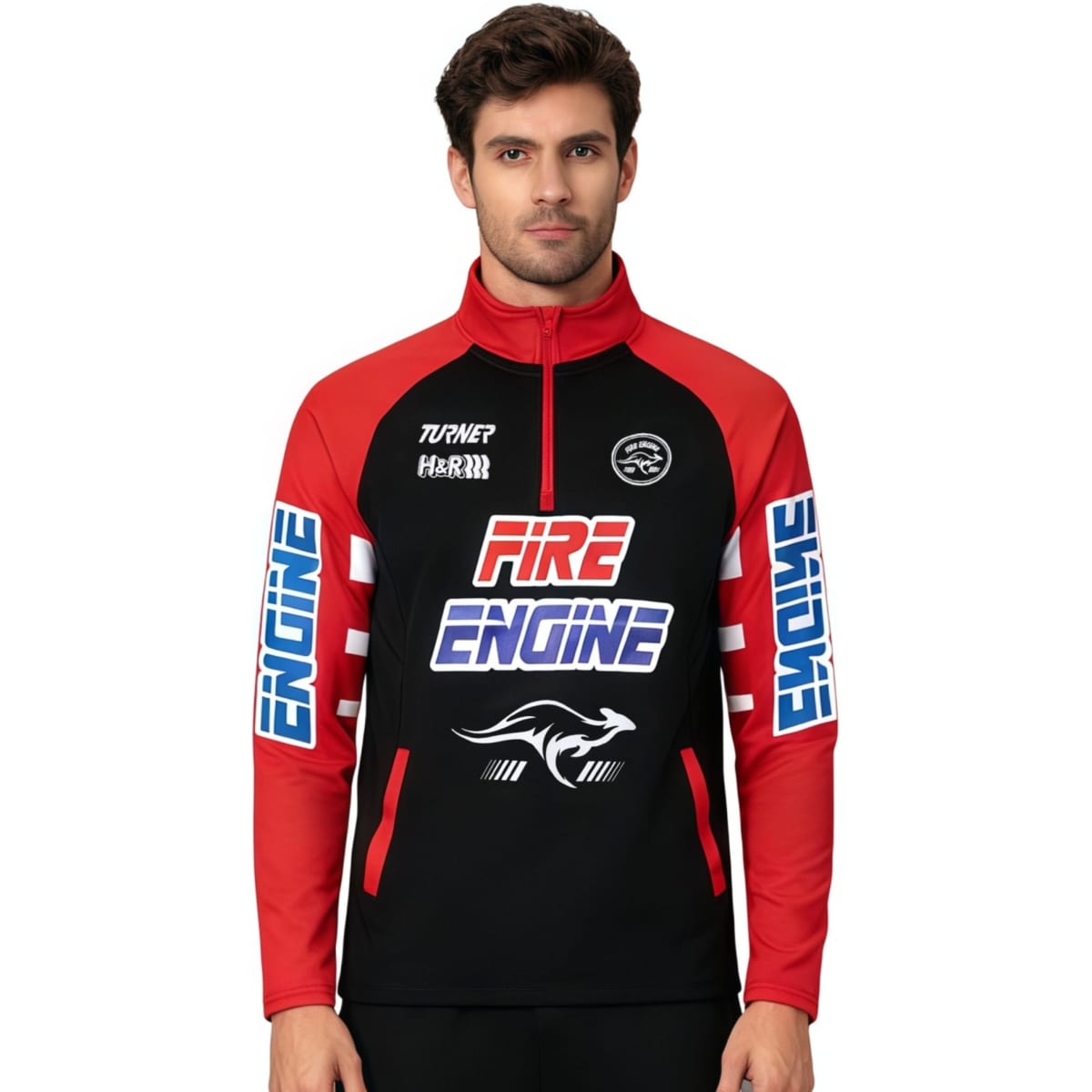 A black and red sweatshirt with a high collar, featuring logos and designs on the sleeves and front.