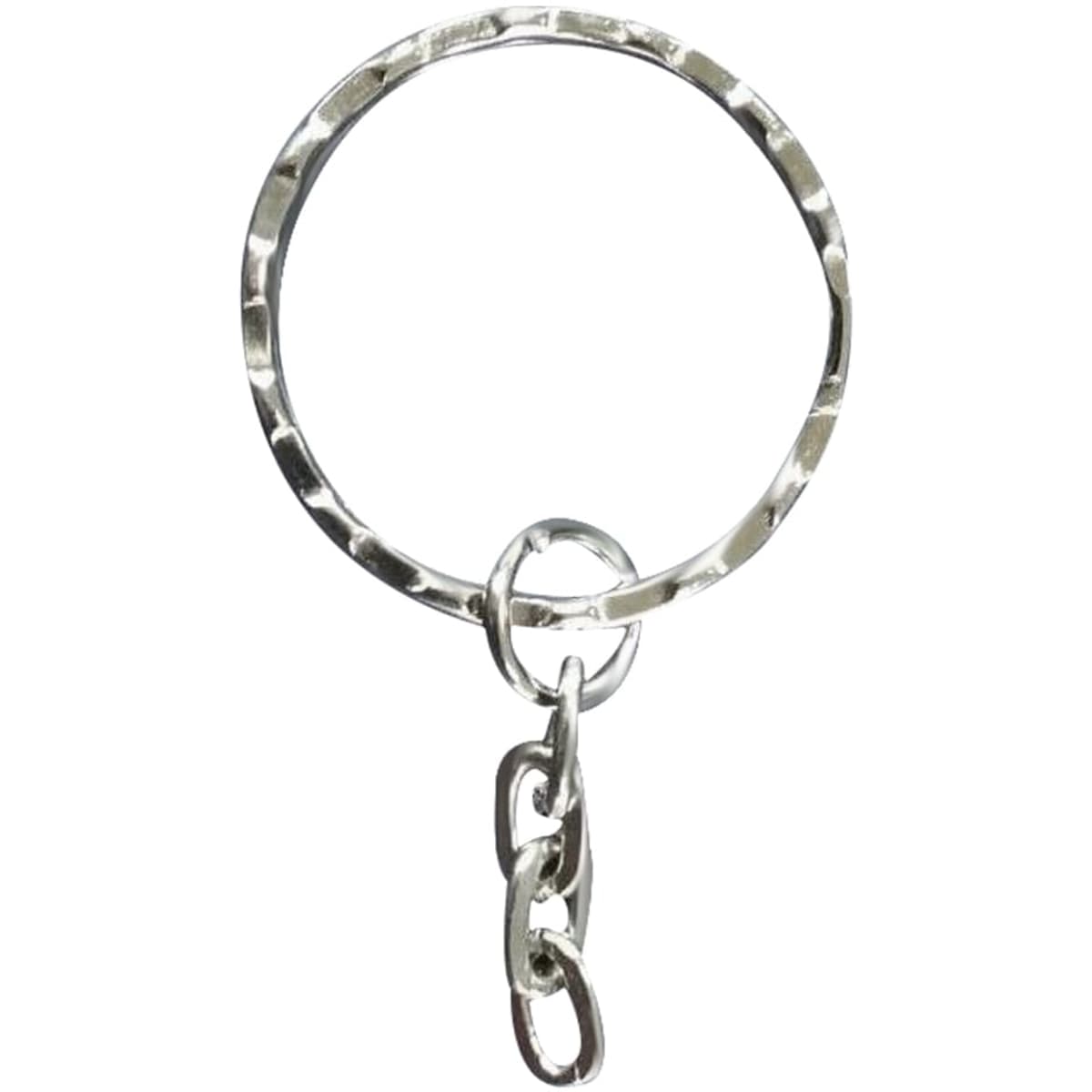A silver keyring with a textured surface and a small chain attachment.