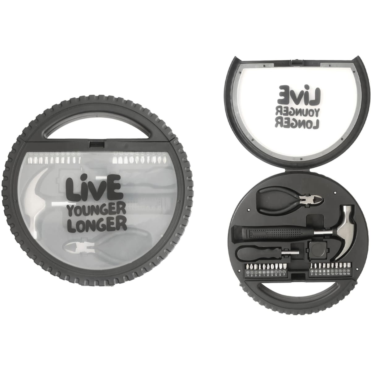 A circular black tool kit featuring various tools including pliers and multiple screwdriver heads, with a branded lid.