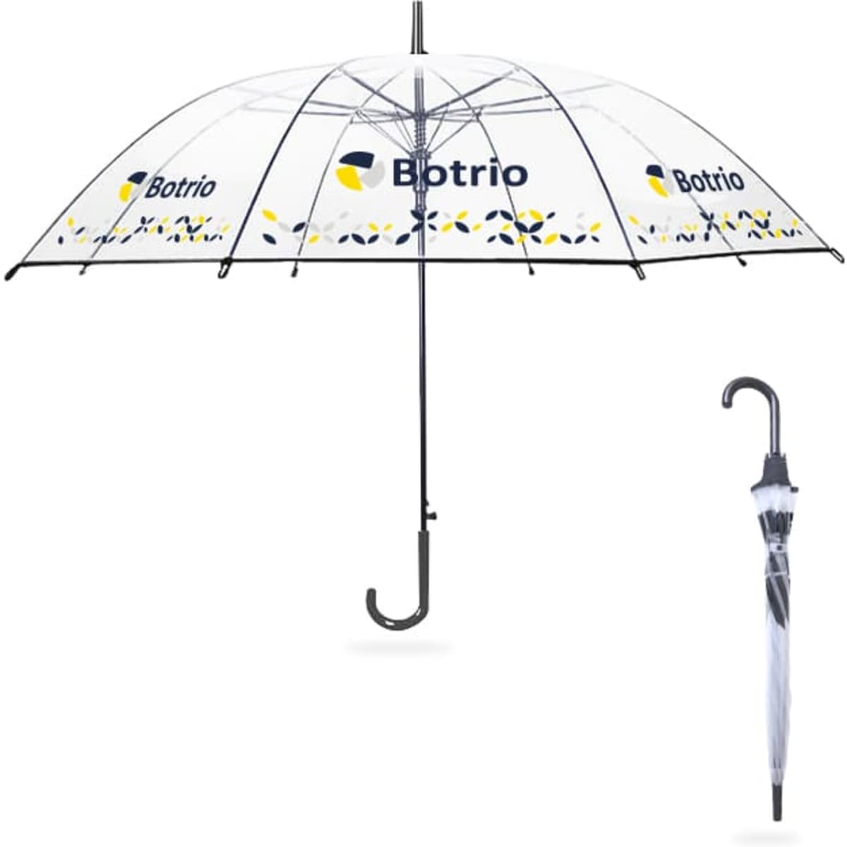 A transparent, eight-panel umbrella with a black frame and a curved handle, featuring a logo.