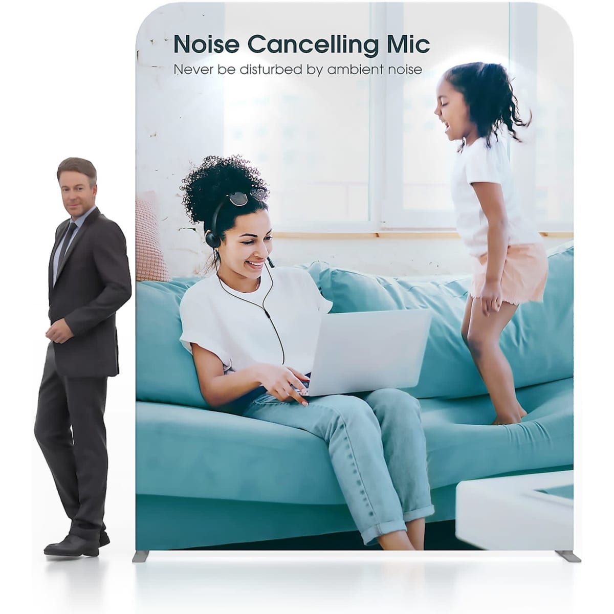 A 2m straight tension fabric display wall featuring a woman using a laptop on a sofa, with a child playing nearby.