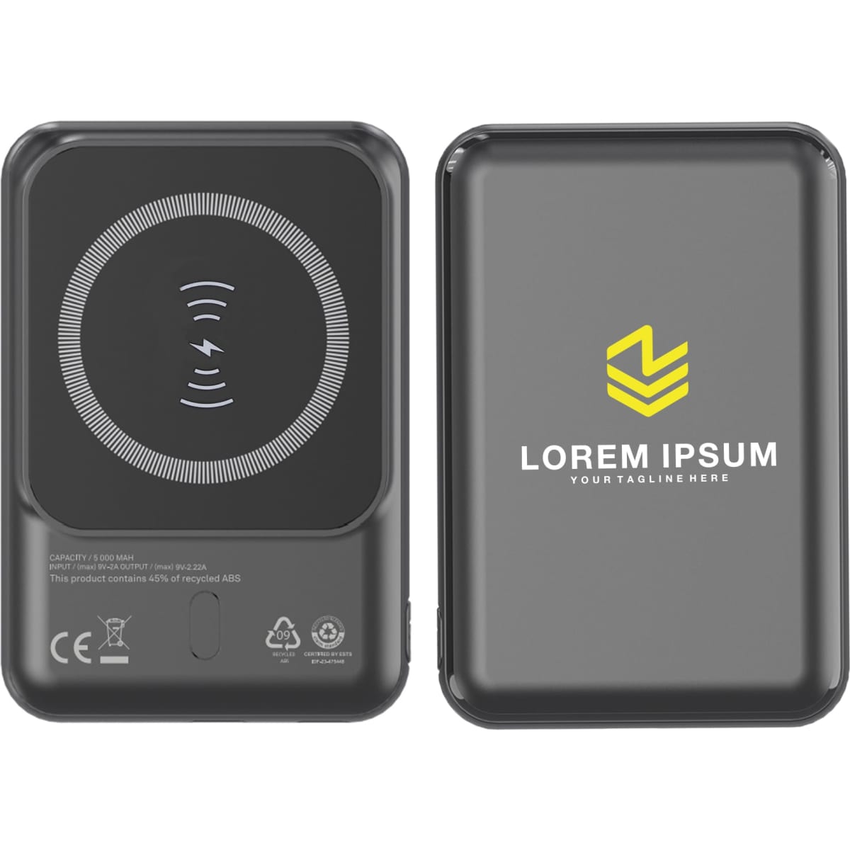A sleek black eco magnetic power bank with wireless charging feature and a logo on the surface.