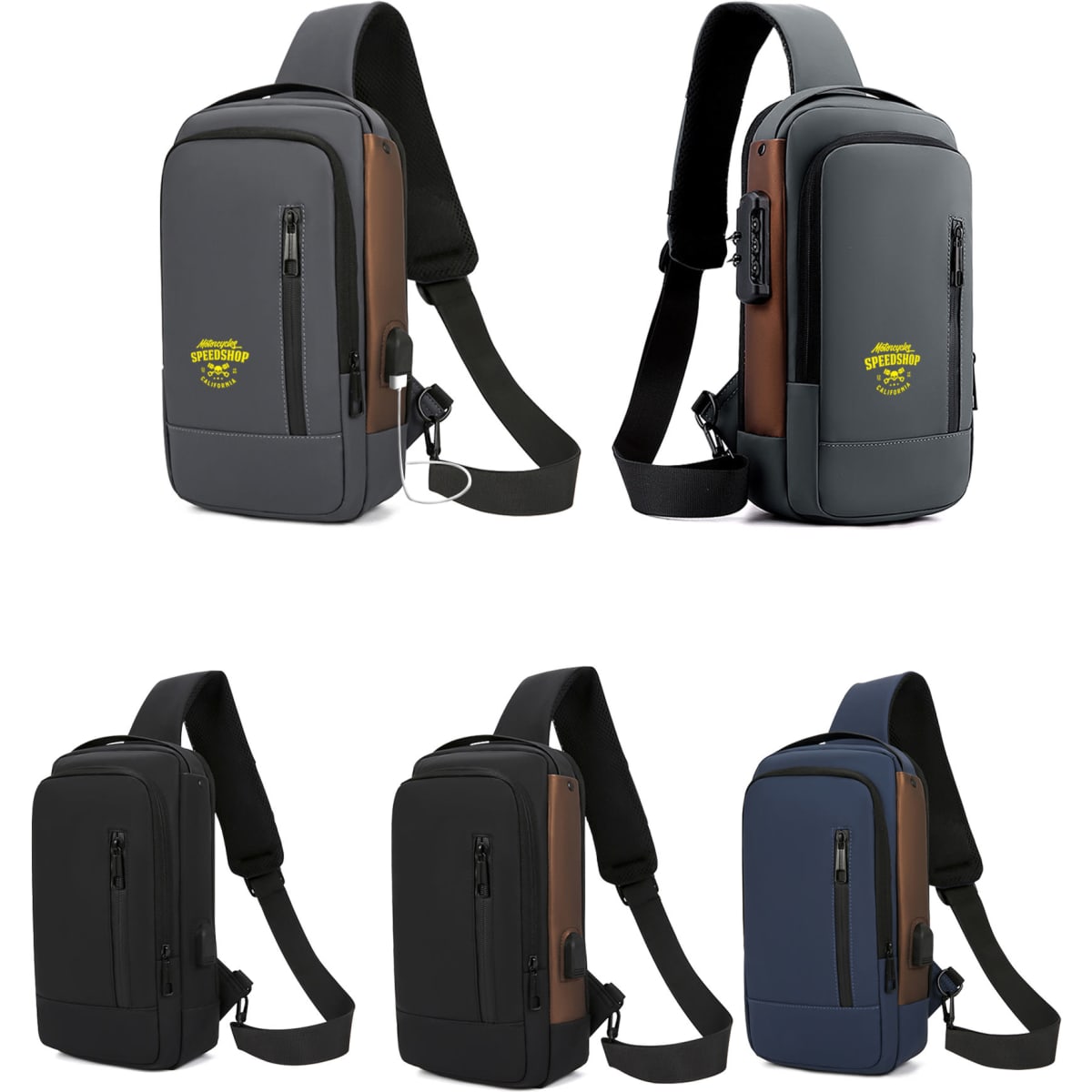 A collection of anti-theft sling bags in grey, black, and navy, featuring various pockets and a logo.