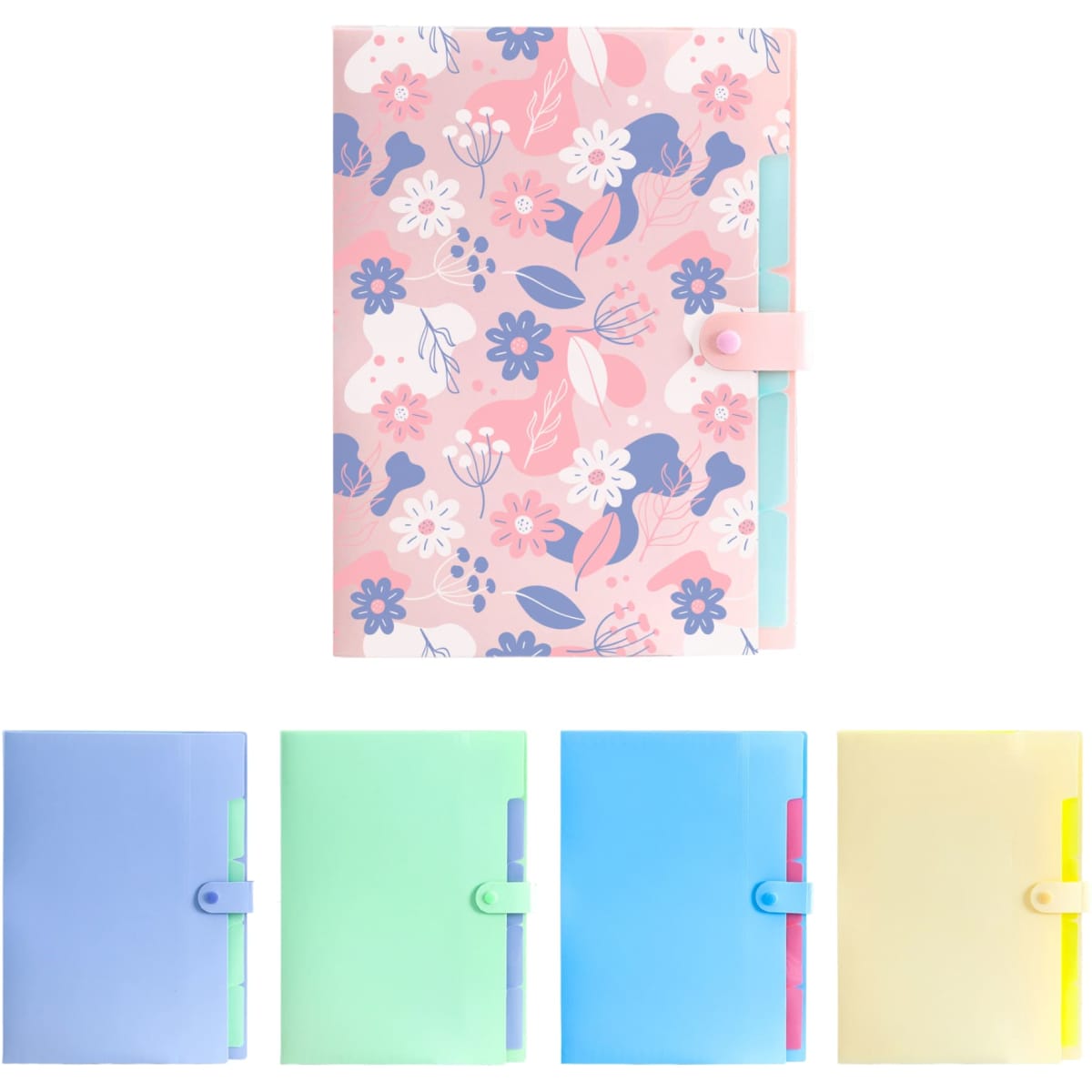 A4 expandable file folder in pink floral design with four solid colour options: blue, green, light blue, and yellow.